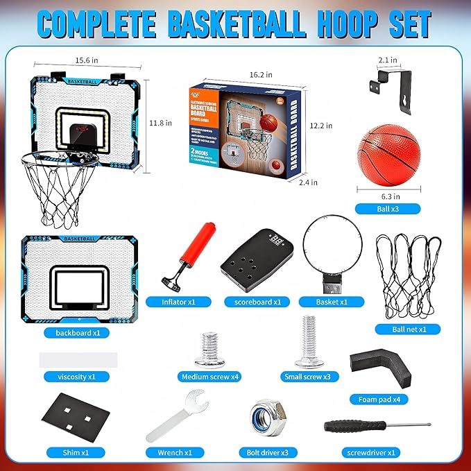 BATURU Mini Basketball Hoop Indoor for Kids β Over The Door Basketball Hoop with LED Scoreboard, Lights, Sound β Sports Gifts Toys for Boys Ages 5-12