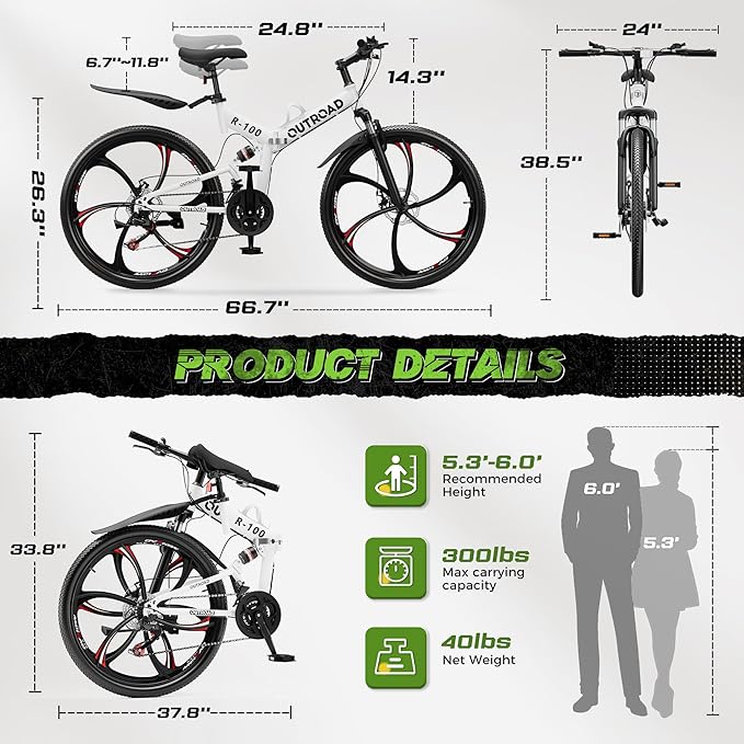 Betterland 26 Inch Folding Mountain Bike, 21 Speeds Full Suspension Foldable Bikes, Dual Disc Brake, High Carbon Steel Frame and Non-Slip Quick Release tire Bicycle for Adult