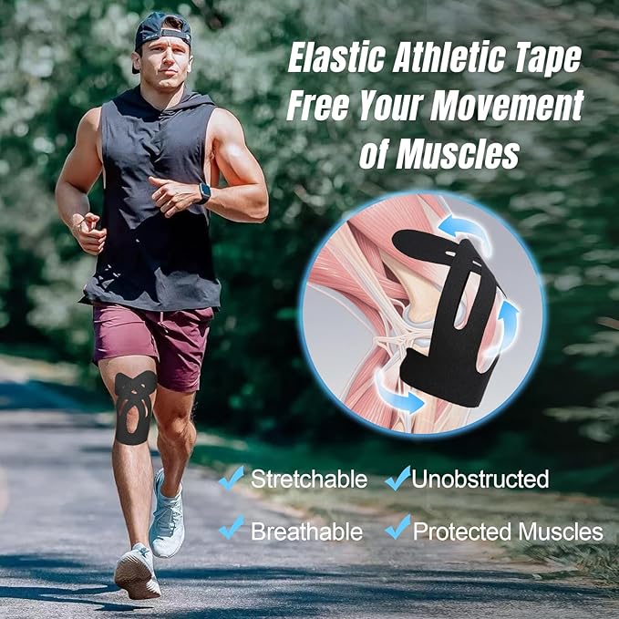Waterproof Kinesiology Tape for Shoulders/Knees, 10 Precut Strips for Knee Pain Relief & Stability Support (Black), Elastic Strong Adhesive Athletic Tape, Latex-Free Hypoallergenic Sports Tape