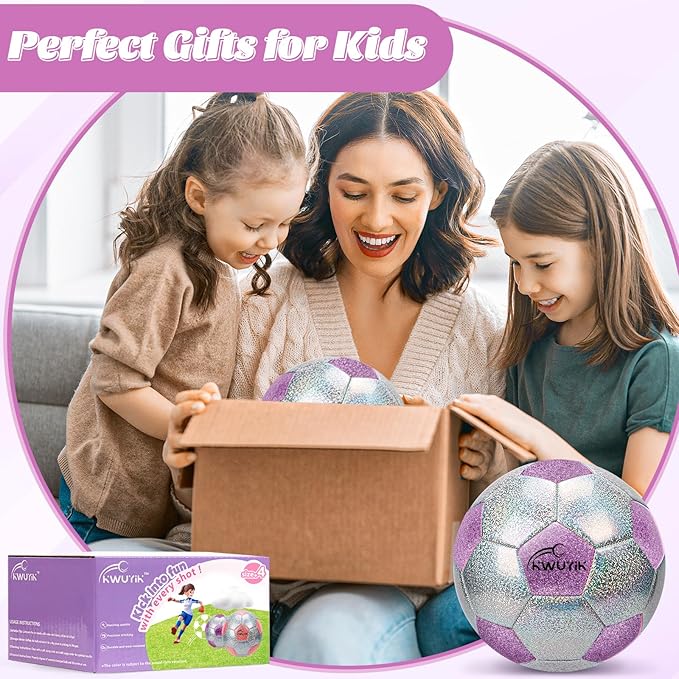 Soccer Ball Size 3 4 5 Glitter Pink Purple Silver with Pump Toddler Soccer Ball for Kids Aged 3-6 6-8 8-12 Outdoor Training Ball for Girls Boys Children Youth Teens