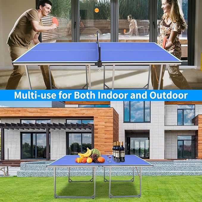 Compact Ping Pong Table, 6ft Mid-Size Indoor/Outdoor Table Tennis Game Set, Foldable, Portable Table Tennis Table with Net, 2 Table Tennis Paddles and 3 Balls