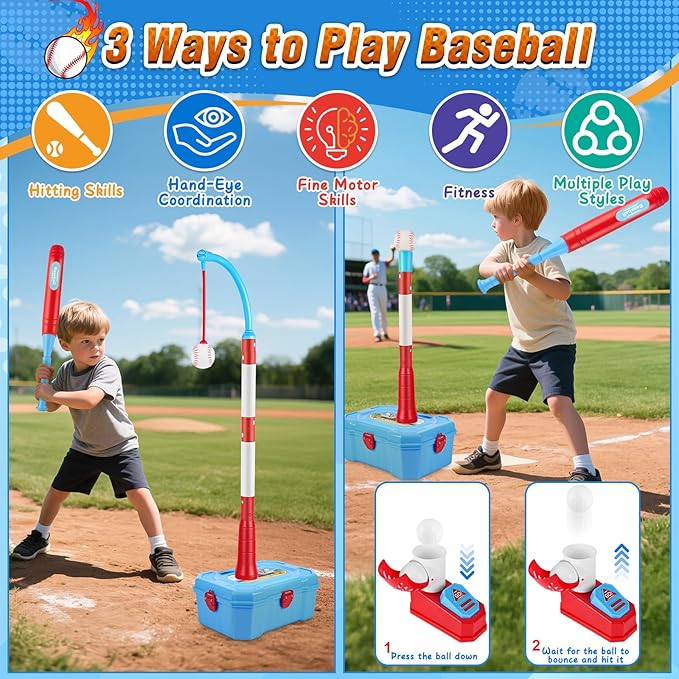 4 in 1 Toddler Basketball Hoop for Kids 1-3,Adjustable Height Kids Basketball Hoop,Stand with Hanging Tee Baseball & Automatic Pitcher,Toddler Indoor/Outdoor Toys for Boys Girls ,Gift for Birthday