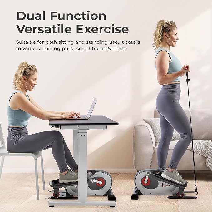 Sunny Health & Fitness 2-in-1 Sit/Stand Mini Elliptical Machine, Portable Under Desk Peddler Exerciser for Senior Home Workout, Optional Free Sunnyfit App Bluetooth Link, Handlebars or Resistance Band