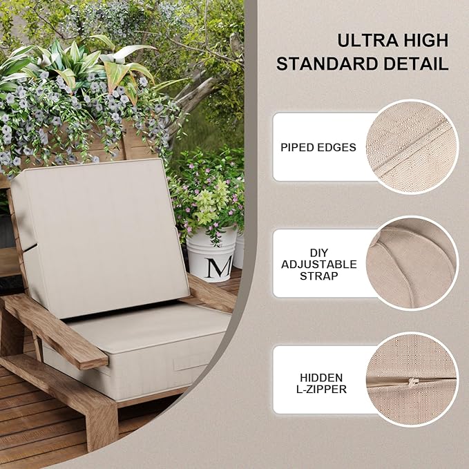 6 Inch Thick Foldable Deep Seat Cushion, 2 PCS 24 x 24 Inch Outdoor Water &Fade Resistant Olefin Patio Furniture Replacement Chair Cushion, with Removable Cover, Handle and Straps, Light Beige