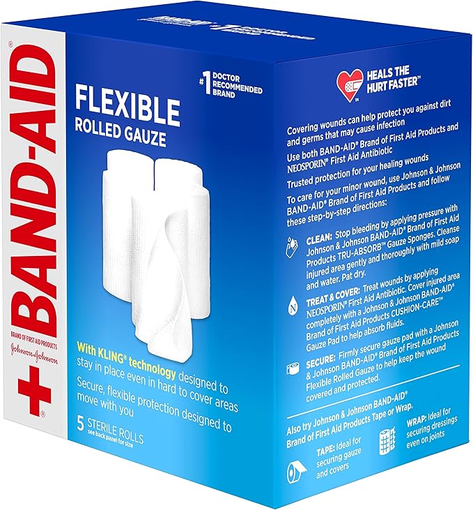 Band-Aid Brand of First Aid Products Flexible Rolled Gauze Dressing for Minor Wound Care, Soft Padding and Instant Absorption, 3 Inches by 2.1 Yards, Value Pack 5 ct