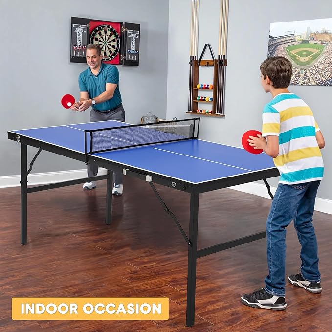 Table Tennis Game Set, Portable Table Tennis Game with Demountable Nylon Net, 2 Paddles and 3 Balls, Ping Pong Table for Indoor Outdoor, Waterproof Tabletop, Blue, 60 x 26 x 27.5inch