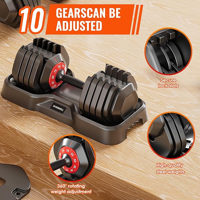 VEICK 25/55 lbs Adjustable Dumbbell with Anti-Slip Turning Handle, Fast Adjust Weight for Men Women, Exercise Equipment with Tray for Home Gym Full Body Workout Fitness