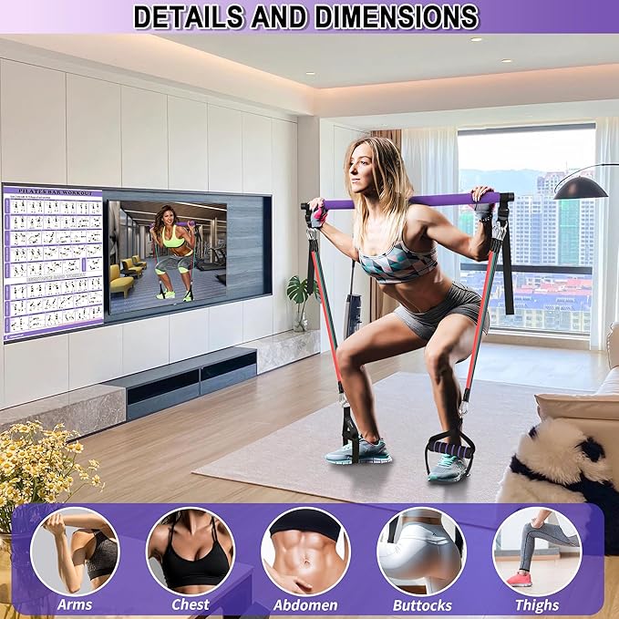 Portable Pilates Bar Kit with Resistance Bands for Men and Women - 3 Set Exercise Resistance Bands - Multifunctional Home Gym - Supports Full-Body Workouts β with Fitness Poster and Video