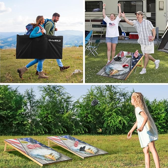 Cornhole Set, Corn Holes Outdoor Game, Regulation 2X4 Cornhole Boards, Portable Cornhole Set, Classic American Flag Cornhole Set Includes 2 Boards, 8 Cornhole Beans Bags & Carry Case