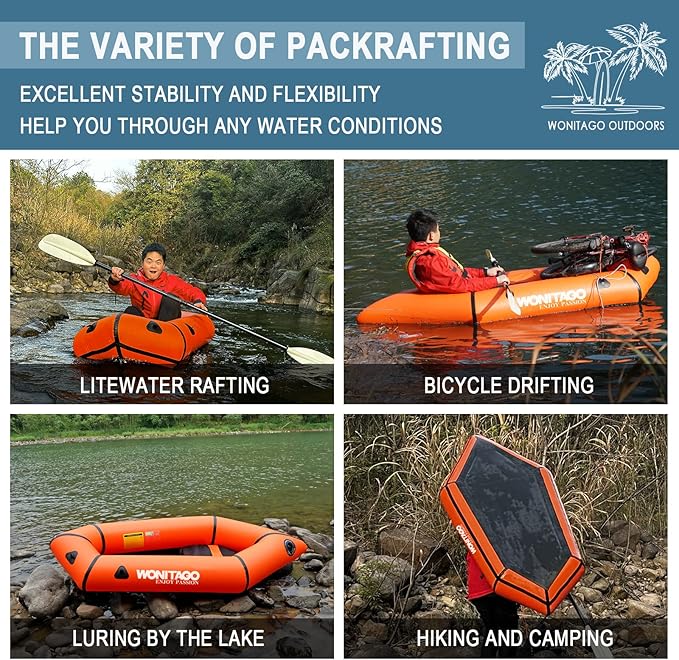 Packraft TPU Inflatable Travel Kayak with Soft Seat Lightweight Packrafts for Flat Water Rafting/Bicycle Drifting/Litewater Dinghy, 1 Person