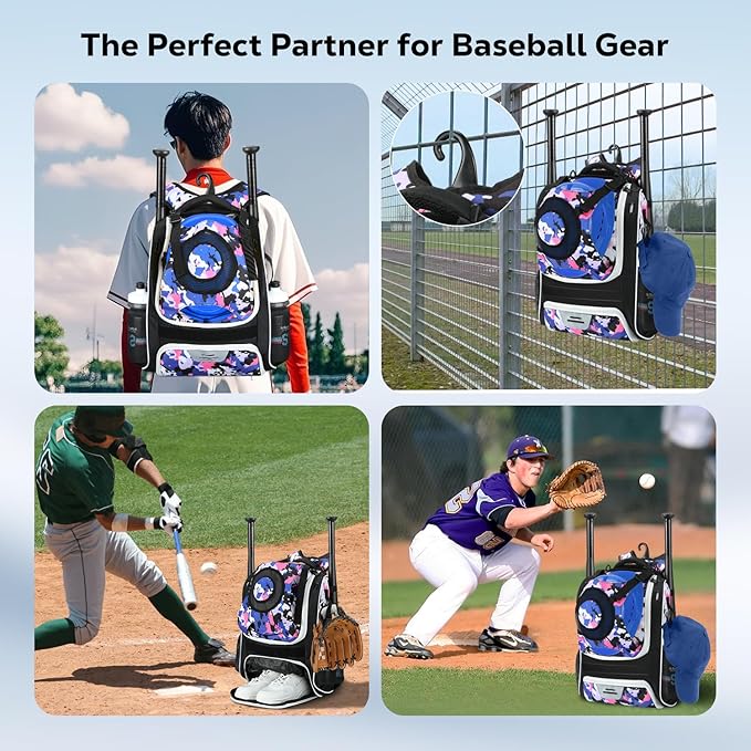 MoKo Baseball Bag, Softball Bag with External Helmet Holder & Fence Hook for T-Ball Bat Softball Equipment, Lightweight & Breathable Baseball Backpack with Shoe Compartment for Youth & Adult, Black