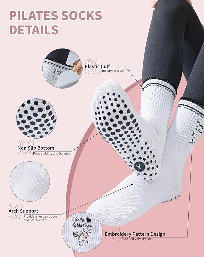 Yawlsow Pilates Grip Socks for Women Yoga Grippy Socks Cute Barre Non Skid Athletic Crew Sticky Sock Workout Hospital