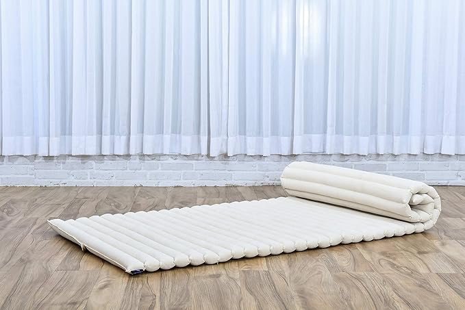 Leewadee - Foldable Floor Mattress - Japanese Roll Up Futon -Trifold Tatami Mat- Guest Floor Bed - Camping Mattress - Thai Massage Mat, Kapok Filled, 75 x 28 inches, Ecru