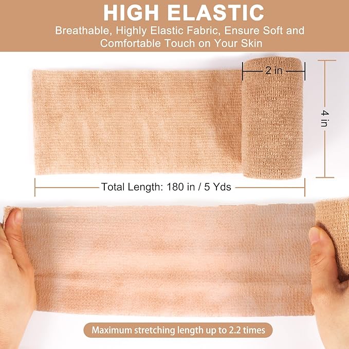 12 Pack Self Adhesive Bandage Wrap, 2” x 5 Yards Cohesive Medical Tape Elastic Grip Tape Black Sports Tape Athletic for Ankle, Wrist Sprains, Pet First Aid (12pcs-Brown, 4 Inch)
