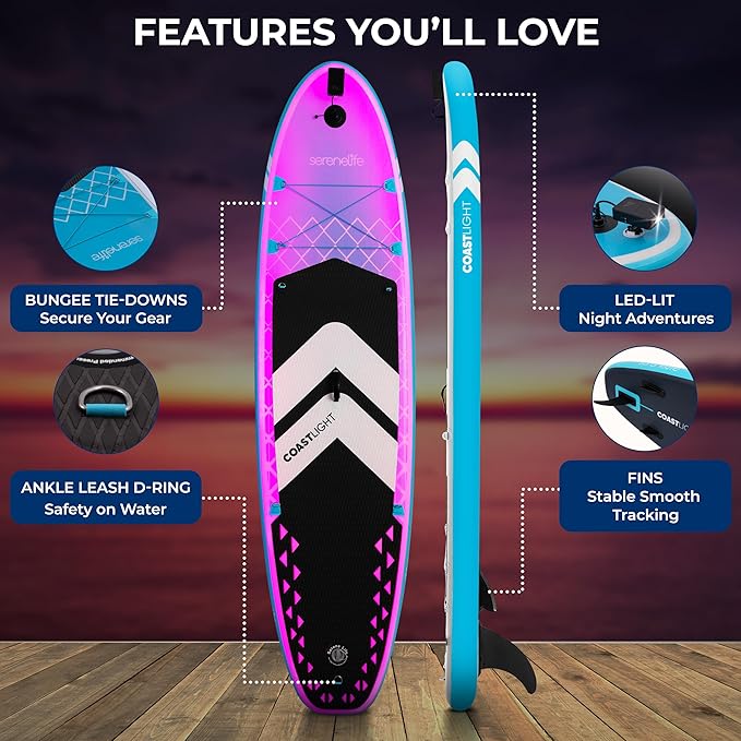 SereneLife Inflatable Stand Up Paddle Board, Wide Stable Design with Non-Slip EVA Deck Pad, Includes Premium SUP Accessories, for Youth and Adults