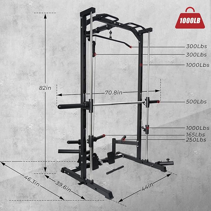 RitFit Smith Machine Power Rack with LAT-Pull Down System, Landmine, Barbell Bar, Plate Storage Pegs and More Training Attachment