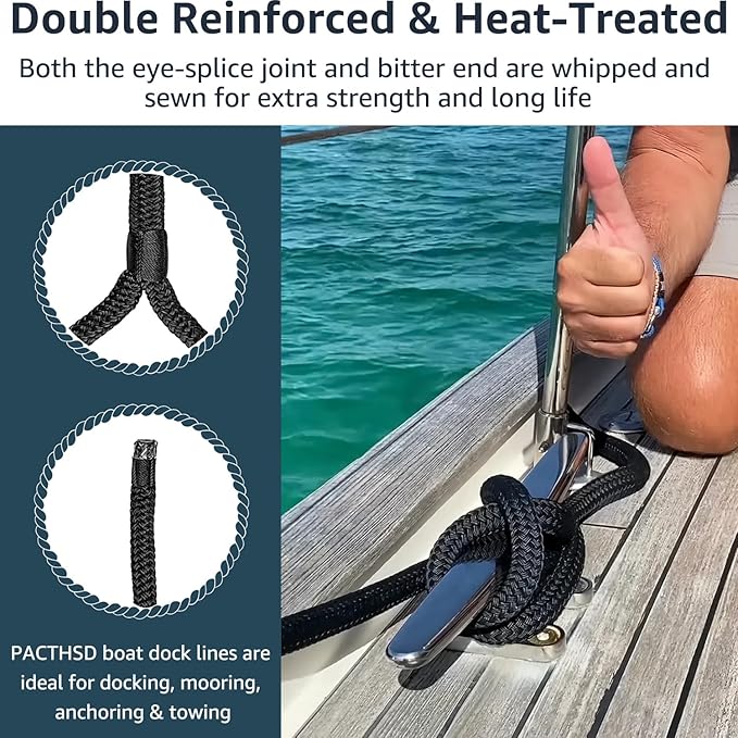 2 Pack 3/4" x 15' Dock Lines - Marine Grade Nylon Boat Rope with 15" Loop for Docking and Mooring - Double Braided Boat Lines, High Strength, Easy Handling, Fray Resistant - Black