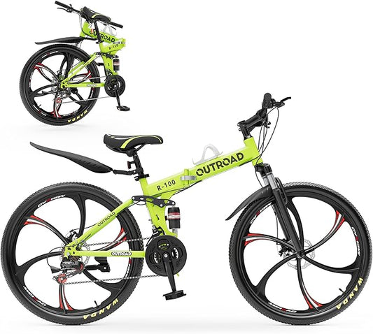 Outroad 26 Inch Folding Mountain Bike, 21 Speed Full Suspension High-Carbon Steel MTB Foldable Bicycle, Dual Disc Brake Non-Slip Folding Bikes for Adults/Men/Women, Black, Orange and Green