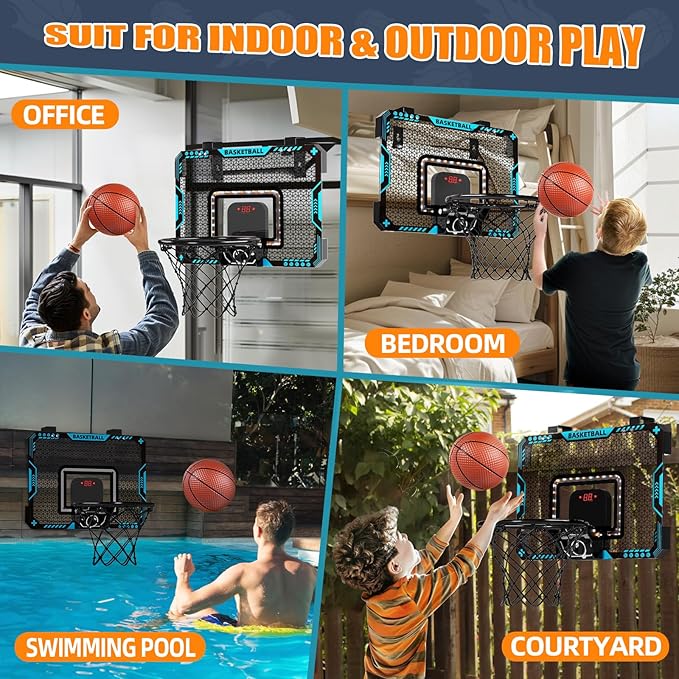 Indoor Mini Basketball Hoop for Boys Kids Aged 5 6 7 8 9 10 11 12+, Over The Door Basketball Hoops with LED Lighting, Electronic Scoreboard, and 4 Balls, Sport Toys Birthday Gift