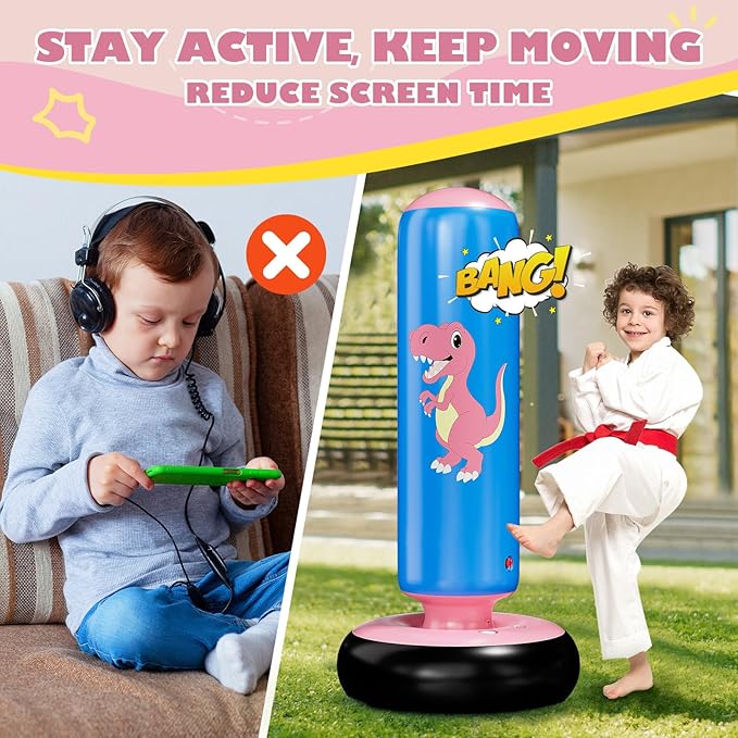 QPAU Inflatable Punching Bag, 48 Inch Stable Inflatable Boxing Bag for 3-6 Kids,Dinosaur Toy & Gifts for Boys and Girls, Kids Boxing Set for Practicing Karate, Taekwondo