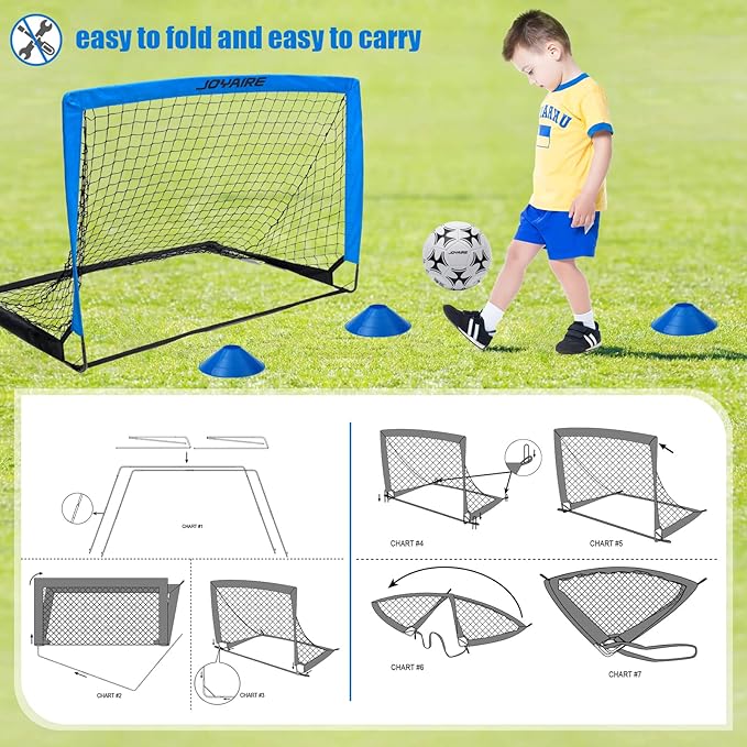 Kids Soccer Goals for Backyard Set, Portable Toddler Soccer Goal 2 of 4x3 ft, 6x4 ft, 7x5 ft, Soccer Training Equipment, Pop Up Soccer Net Kit with Size 4 Soccer Ball, Youth Games, Outdoor Sports Play