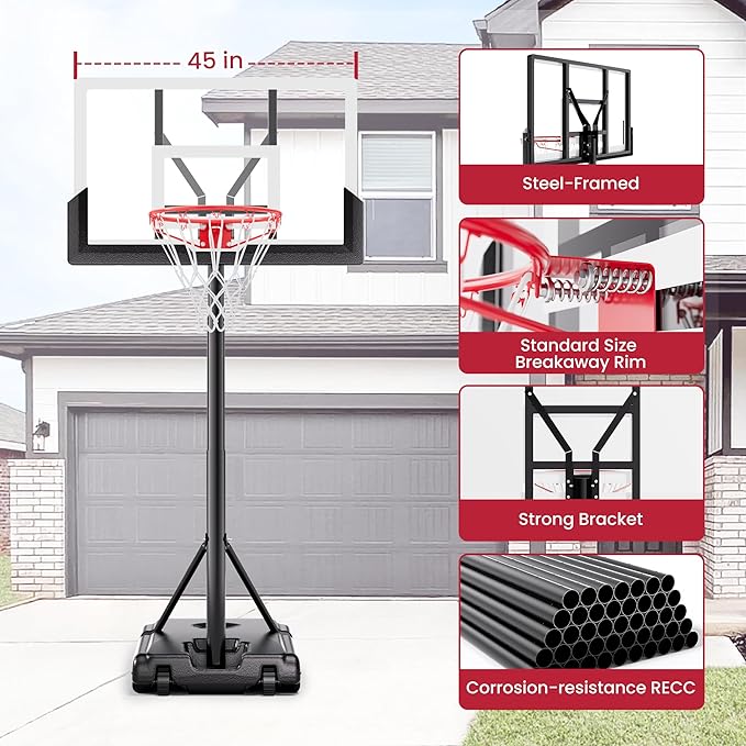 Basketball Hoop with Adjustable Height Portable Basketball Goal System for Outdoor Indoor Use 45 inches Heavy-Duty Steel Frame Backboard for Youth and Adults