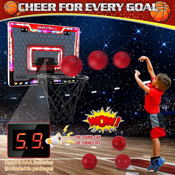 Mini Basketball Hoop Indoor with Scorer and Batteries, Indoor Basketball Hoop Over The Door with Colorful LED Lighting, Toy Basketball Set for Boys Girls Age 3 4 5 6 7 8