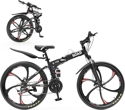 Outroad 26 Inch Folding Mountain Bike, 21 Speed Full Suspension High-Carbon Steel MTB Foldable Bicycle, Dual Disc Brake Non-Slip Folding Bikes for Adults/Men/Women, Black, Orange and Green