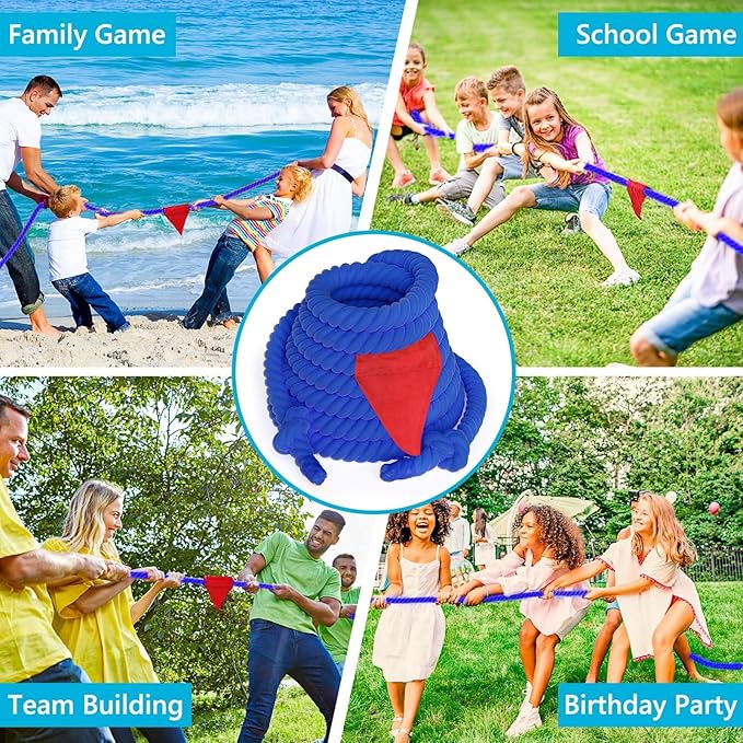 X XBEN Field Day Tug of War Rope for Kids and Adults 65FT, Family Reunion Birthday Party Games, Summer Outside Lawn Games, Camping Picnic Carnival Games, Perfect for Team Building Activities