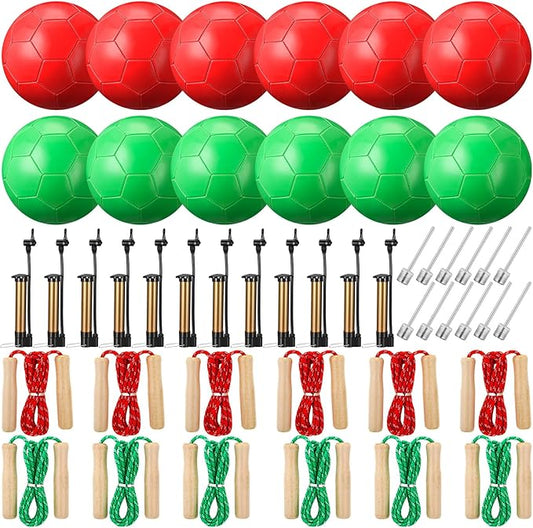 24 Sets Operation Christmas Deflated Size 5 Soccer Ball Bulk with Pump Jump Rope, Outside Soccer Sport Ball 7.25 ft Adjustable Skipping Rope