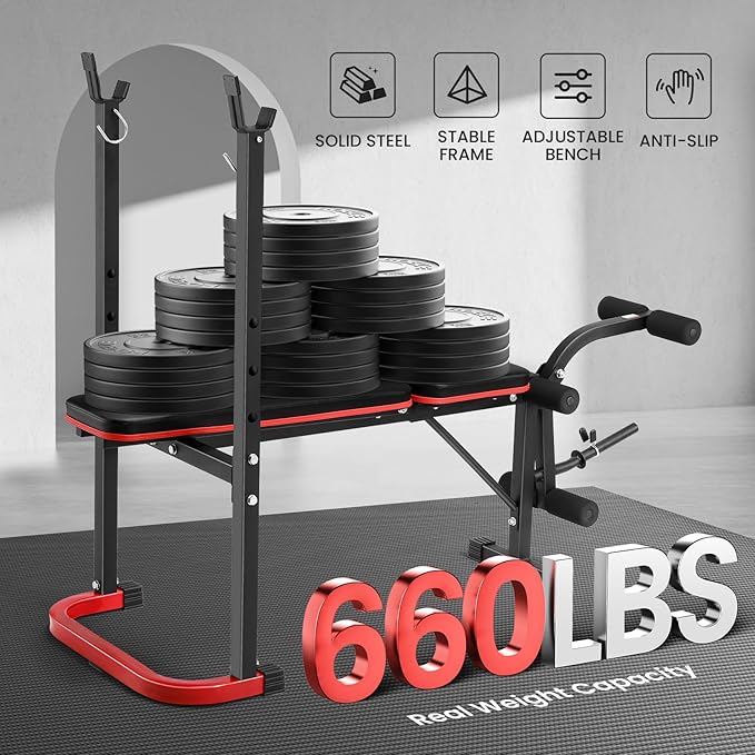 OPPSDECOR Adjustable Weight Bench Set with Leg Developer & Preacher Curl Pad, Full Body Workout Bench Press Set with Squat Rack for Home Gym Fitness, Standard Strength Training Bench