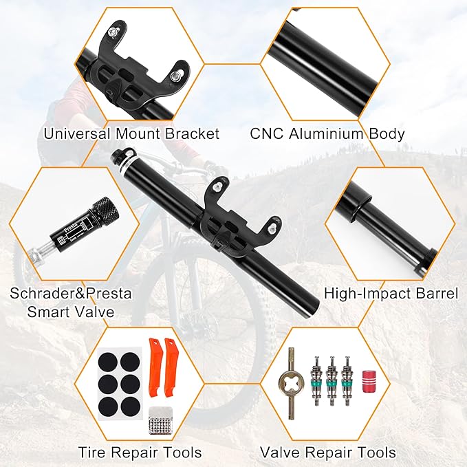 RUTU Bike Pump Portable - Mini Bike Pump 120PSI - Made of 6061 CNC Aluminum Alloy - Compatible with Presta & Schrader Valves - Includes Bike Frame Mount & Tire Repair Kit