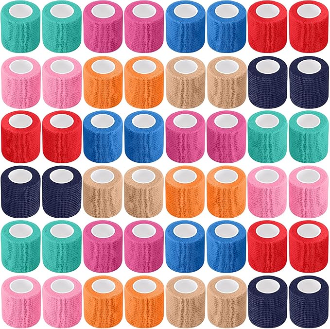 Treela 64 Pack 2" x 5 Yards Self Adhesive Cohesive Bandage Wraps, Elastic Breathable Athletic Tape, Flexible Self Adherent Bandage Rolls for Wrist, Ankle, Fingers, Sports & Pets (Mixed Colors)