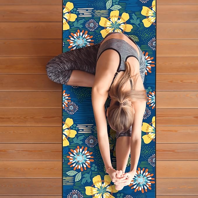 Colorful Star Yoga Towel with Corner Pockets, Non Slip Grip Dots Sweat Absorbent Hot Yoga Mat Towels, Yoga Blankets with Travel Bag, Mat Cover for Workout, Gym, Fitness - 74"x26", Blue Yellow Flowers