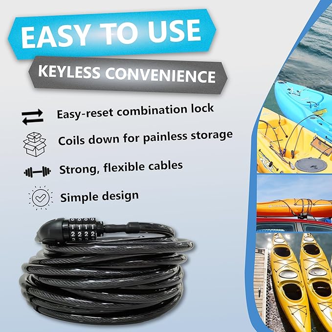 Lumintrail Long Coiled Bike Cable Lock 3/8 Inch (4, 6, 10, 15, 30ft), Weatherproof Locks for Kayak, Bike, Scooter, Paddleboard, Outdoor Equipment, Resettable Combination Lock Anti Theft Protection