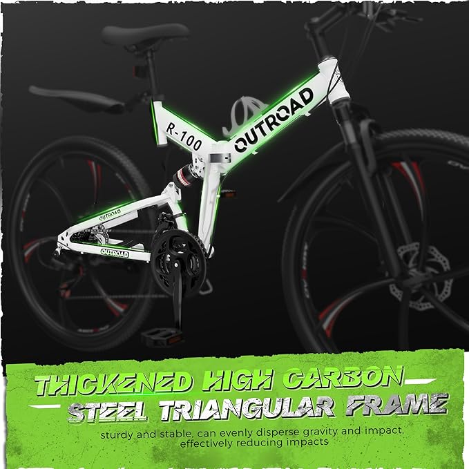 Outroad 26 Inch Folding Mountain Bike, 21 Speed Full Suspension High-Carbon Steel MTB Foldable Bicycle, Dual Disc Brake Non-Slip Folding Bikes for Adults/Men/Women, Black, Orange and Green