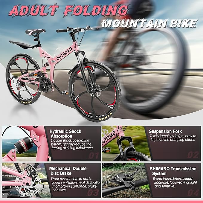 Betterland 26 Inch Folding Mountain Bike, 21 Speeds Full Suspension Foldable Bikes, Dual Disc Brake, High Carbon Steel Frame and Non-Slip Quick Release tire Bicycle for Adult