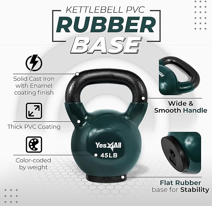 Yes4All Kettlebells Rubber Base, Kettlebell Set for Women, Strength Training Kettlebells Weights (10-65 lbs)