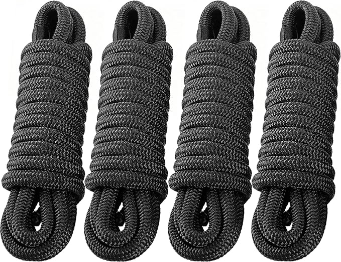 4 Pack 3/4" x 25' Dock Lines - Marine Grade Nylon Boat Rope with 15" Loop for Docking and Mooring - Double Braided Boat Lines, High Strength, Easy Handling, Fray Resistant, Heavy Duty - Black