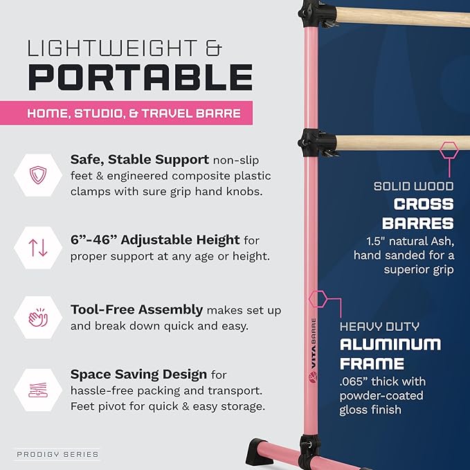 VITA Barre Portable Freestanding Double Ballet Barre, Prodigy, Wood | Adjustable Height, USA Made, Home or Gym Exercise Equipment for Kids & Adults | Dance, Fitness, Pilates