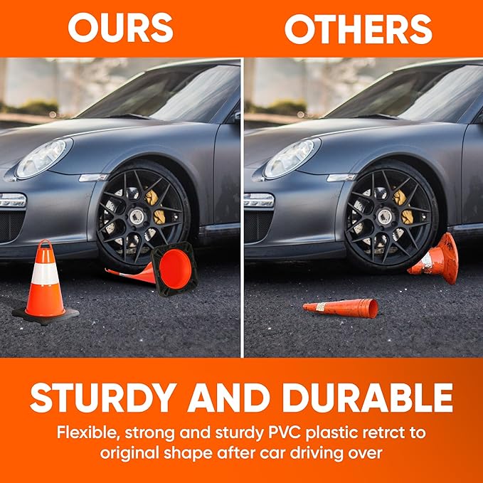Pyle 12" PVC Traffic Cones, 12-PackSafety Cones for Parking, Construction & Roadwork, High-Visibility Orange, Durable, Stackable Design, Heavy-Duty Base for Stability in All Weather
