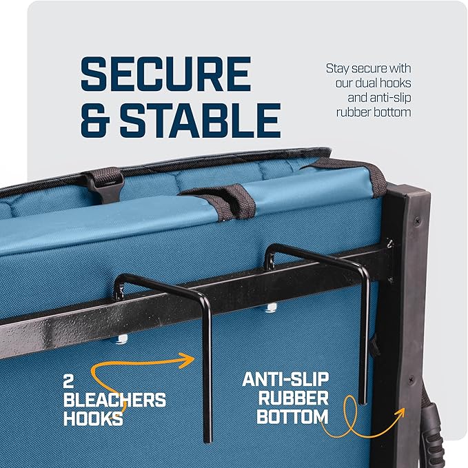 Extra Wide Folding Reclining Stadium Seat with Back Suppot for Bleachers, Bleacher Hooks, Thick Cushion, Cup Holder, Storage Pockets – Portable Chair for Kayak, Canoe, Paddle Board, Concerts, & Sports