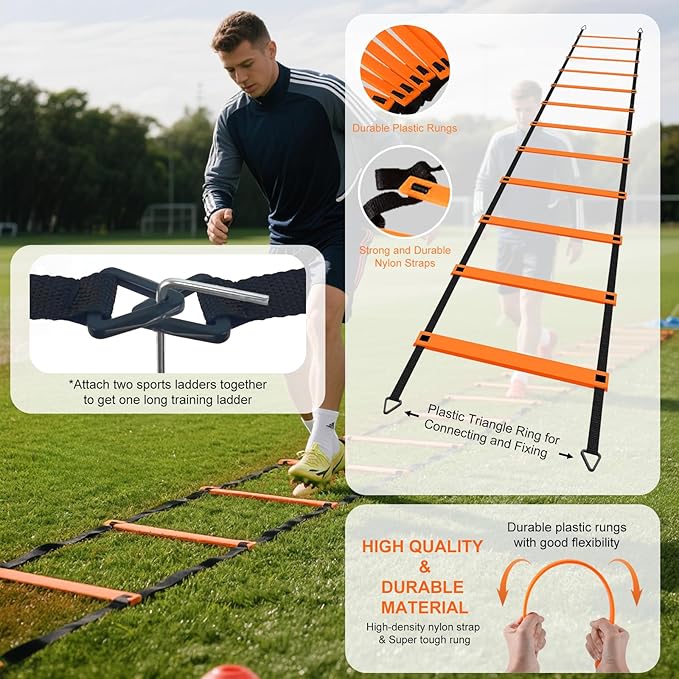Agility Ladder Soccer Training Equipment Set, 20ft 12 Rung, 12 Soccer Cones, Resistance Parachute, Soccer Kick Trainer, 5 Resistance Bands, Football Training Equipment for Kids Adults