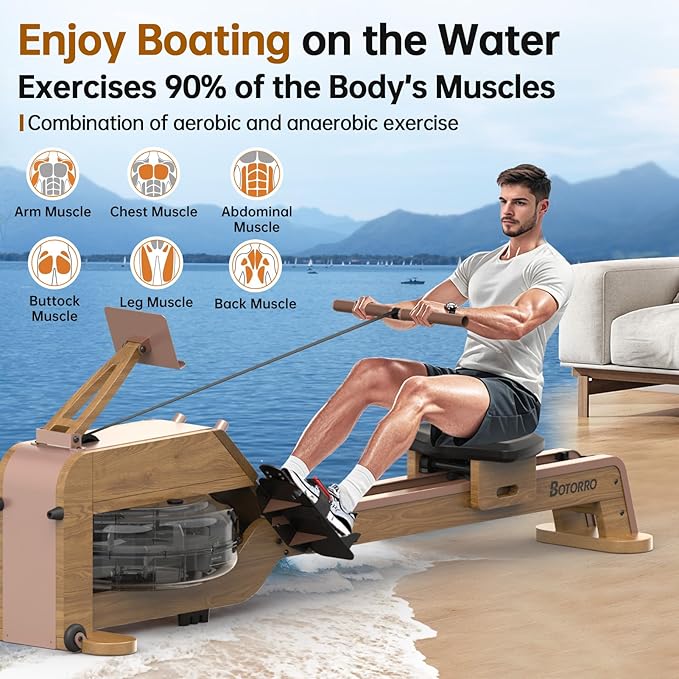 Water Rowing Machines for Home, Rower Machine with 12 Propellers & 28L Large Water Tank, 6-Level Resistance, with Multifunctional Display and Adjustable Stand, Max Load 330LBS