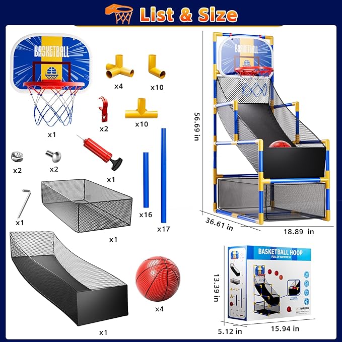 Kids Arcade Basketball Game Set with 4 Balls and Air Pump, Indoor Outdoor Basketball Hoop Sports Toy Gifts for Kids Boys Girls 3-12 Years Old, Ideal for Competition and Carnival Party Games