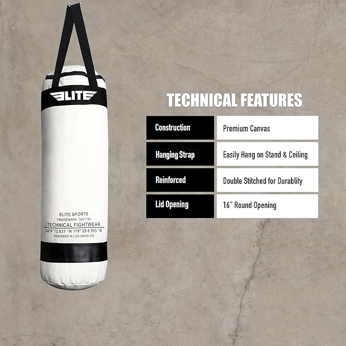 Elite Sports Boxing Bag – Heavy Duty Canvas Punching Bag with Straps for Boxing, Training, MMA, Muay Thai, Kickboxing, Martial Arts & Fitness – Unfilled Heavy Bag