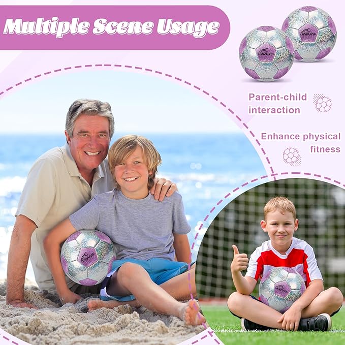 Soccer Ball Size 3 4 5 Glitter Pink Purple Silver with Pump Toddler Soccer Ball for Kids Aged 3-6 6-8 8-12 Outdoor Training Ball for Girls Boys Children Youth Teens