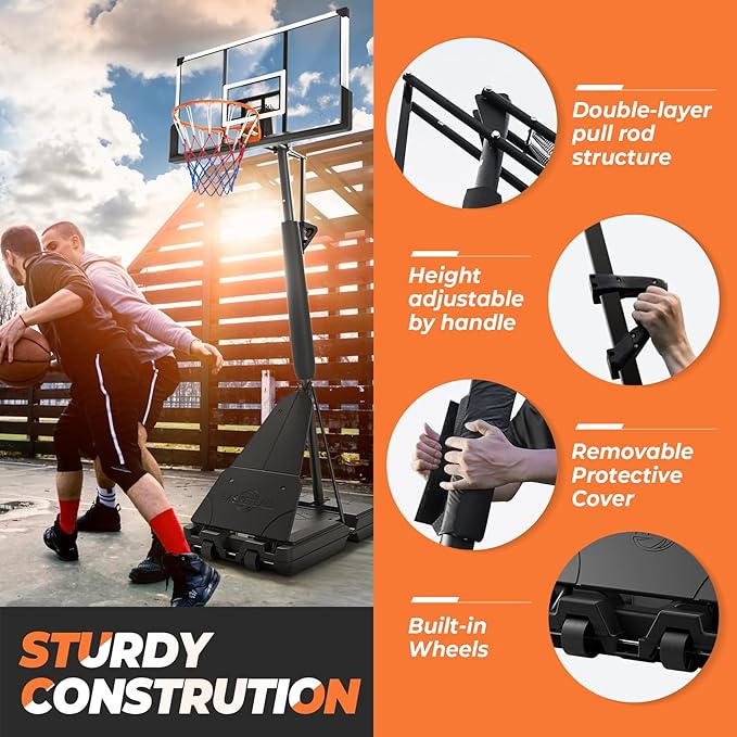 Basketball Hoop Outdoor Basketball Goal Portable Adjustable for Adults, Youth in Backyard, Driveway, Indoor, 44 Inch Pc Shatterproof Backboard, 2 Sand Bags and Portable Wheels
