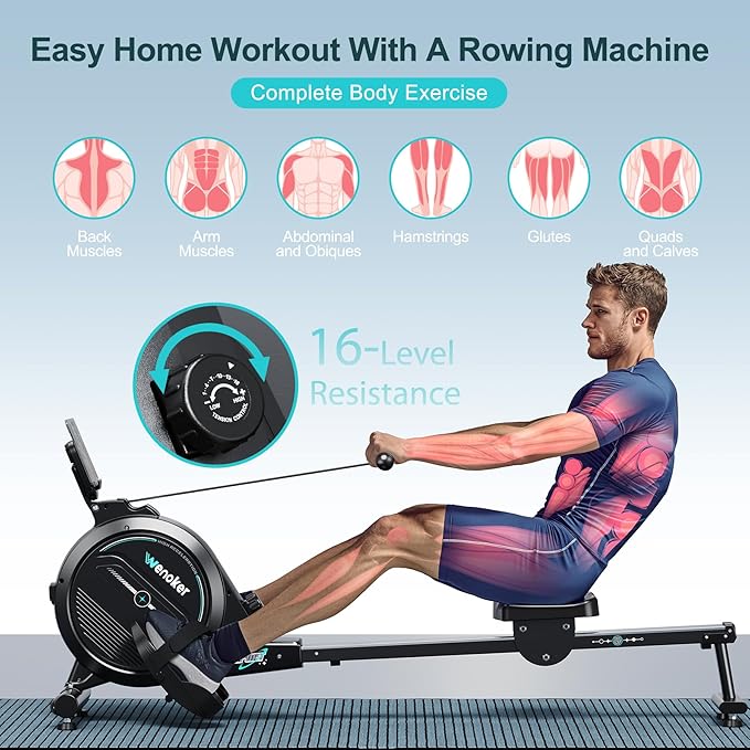 Rowing Machine,Wenoker Magnetic Rower Machine for Home,350 LB Weight Capacity, Smooth Whisper Quiet with LCD Monitor Tablet Holder & Comfortable Seat Cushion, Compact and Saves Space