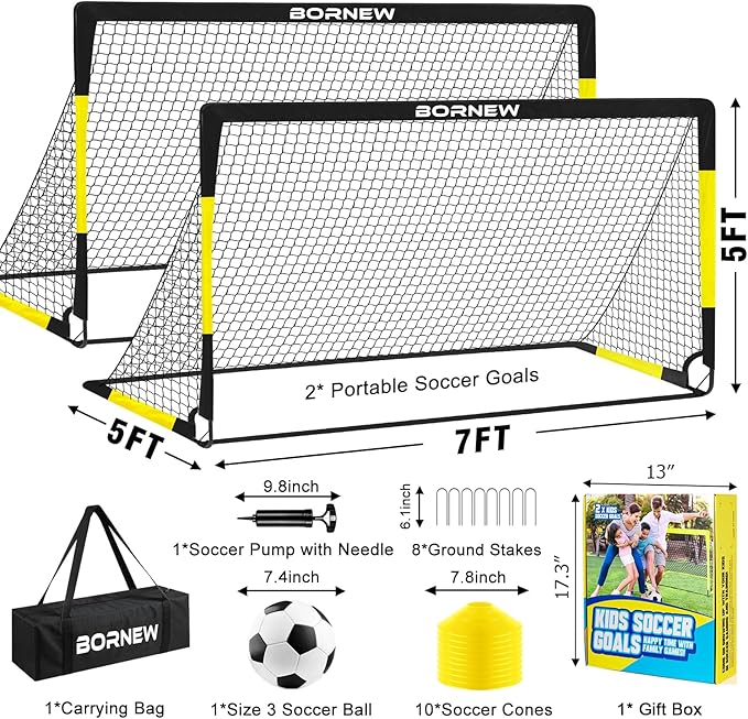 Kids Soccer Goal for Backyard Set - 2 Set of 7X5 / 6X4 ft Toddler Soccer Nets Training Equipment, Soccer Ball, Pop Up Portable Soccer Set for Kids and Youth Games and Training Goals Ages 3-16 Gift